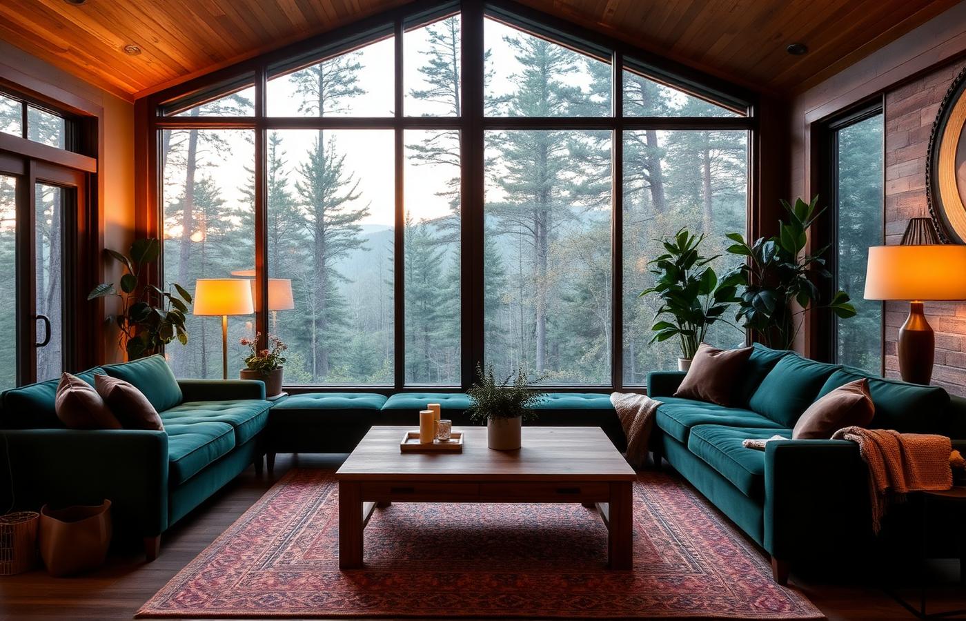 Warm living room with forest views